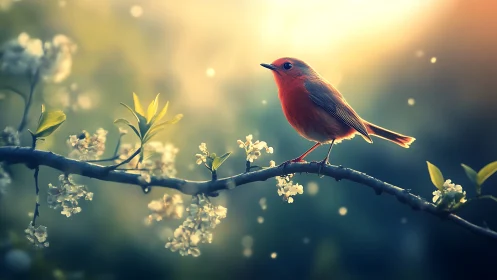 Vibrant robin on blossoming branch in dreamy spring light.