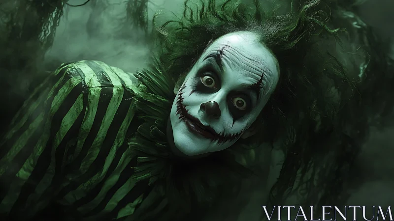Sinister clown portrait leans into camera in green fog