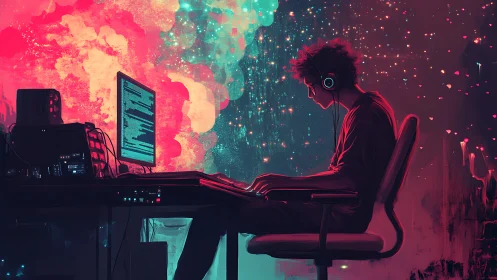 Midnight coder drifts through neon galaxies of data.