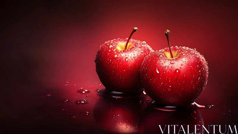 Crimson duet of dewy apples glowing on liquid velvet.