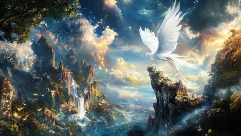 Majestic white phoenix dominates luminous fantasy cliffside vista