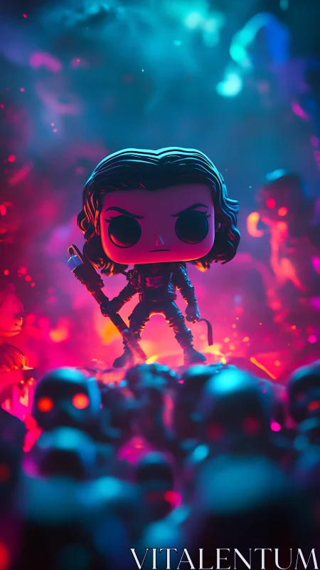 Toy warrior figure amid neon robots in dramatic glow.