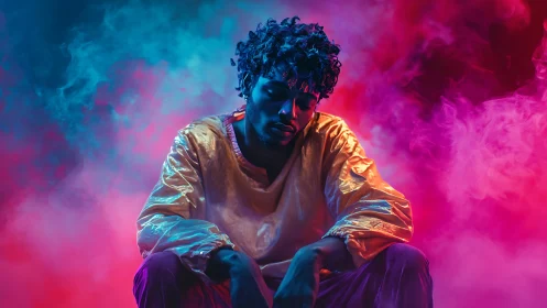 Neon clouds cradle a reflective soul in liquid gold light