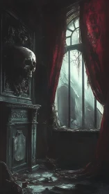 Gothic necrotic chamber with skull relief and decayed window.