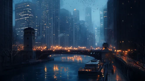 Midnight river bridge ignites a misty steel-blue skyline.