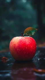 Red apple with raindrops on dark reflective outdoor surface.