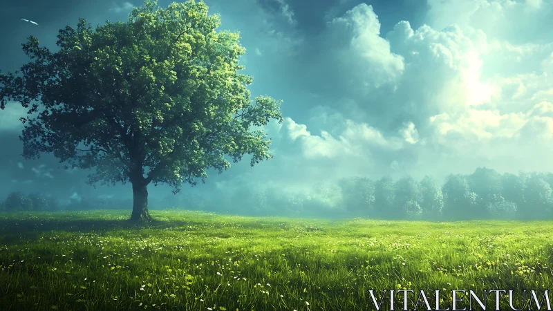 Lone green tree on sunlit meadow under dramatic sky.