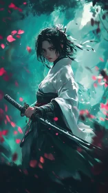 Warrior in white quietly stands ready among falling petals