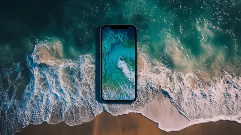 Photorealistic smartphone portal aligned with aerial shoreline geometry.