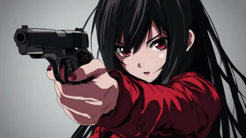 Anime girl with handgun in close frontal perspective.