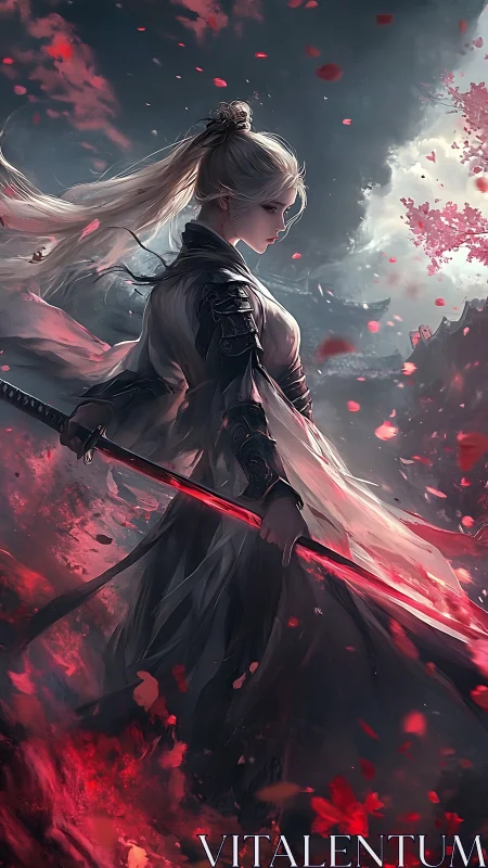 Female swordswoman in dark armor with glowing red blade.