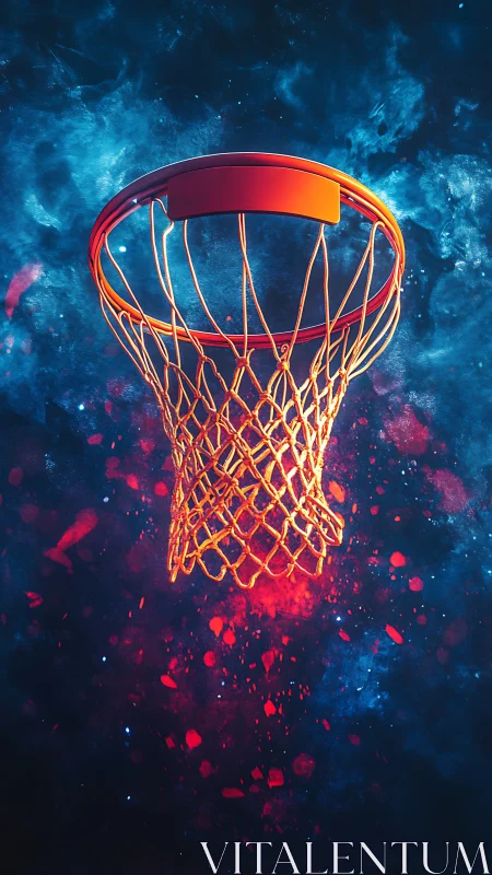 Basketball rim glows in cosmic blue and red nebula field.