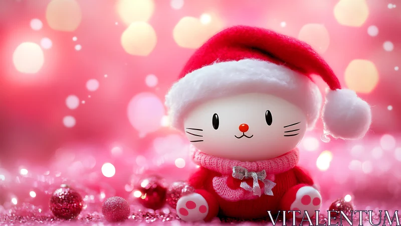 Cartoon cat toy wears Santa hat amid pink holiday lights