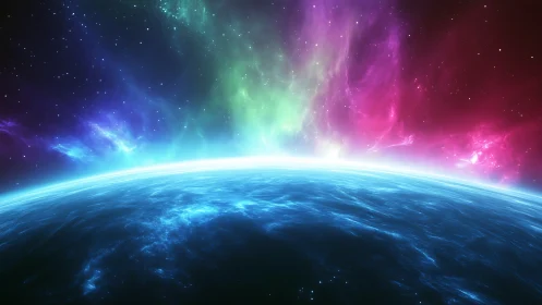 Vibrant cosmic horizon glows beneath radiant aurora sky.