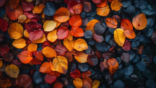 Wet autumn foliage forms high-contrast complementary color field