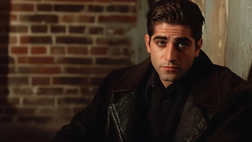 Man in dark coat seated by brick and plaster wall interior.