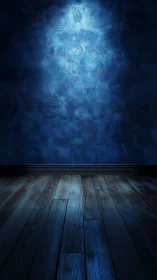 Moody blue wall and wooden floor await creative staging.
