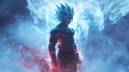 Blue haired anime fighter surrounded by glowing energy