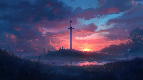 Sunset sword monument over misty battlefield marshland.