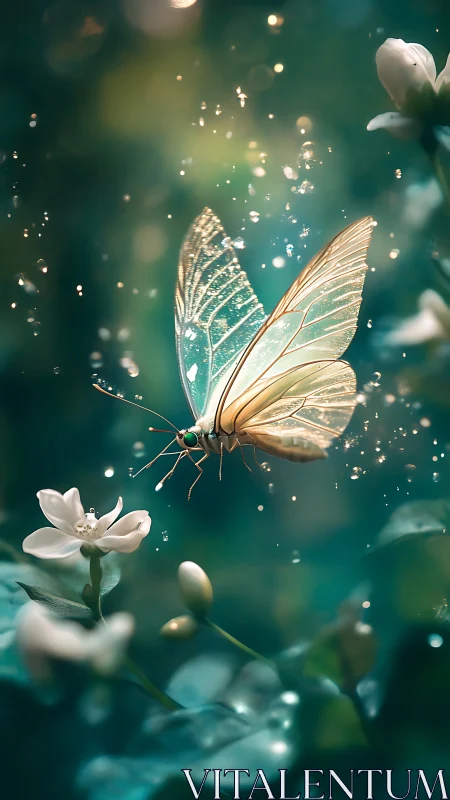 Bioluminescent micro-detail butterfly hovering in teal bokeh field.