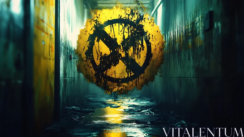 Neon alley with grunge prohibition symbol in midair.