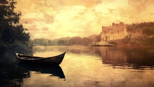 Solitary wooden boat mirrors medieval castle in sepia river haze