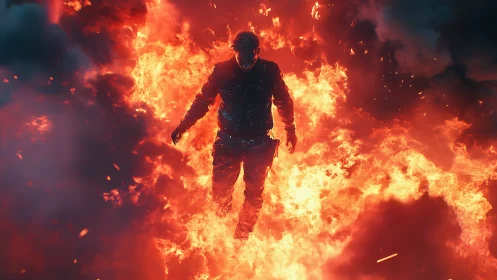 Digitally Rendered Figure Suspended in Volumetric Fire with Particle Dynamics