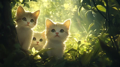 Three white kittens positioned among illuminated foliage with backlighting