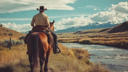 Lone cowboy on horseback surveys winding mountain river valley.