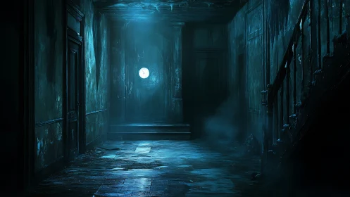 Nocturnal corridor with decayed teal walls and lone porthole clock.