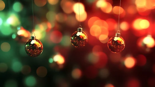 Four red glass Christmas baubles against festive bokeh.