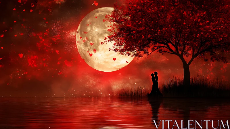 Silhouetted Coupling Beneath Monumental Lunar Sphere in Heart-Patterned Nocturnal Composition.