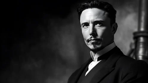 Monochrome portrait of suited man with styled mustache.