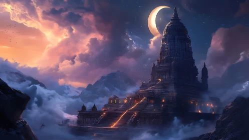 Moonlit mountain temple above clouds under burning sky.