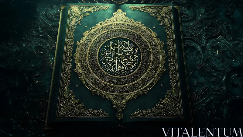 Illuminated Quran cover gleams with ornate golden calligraphy.