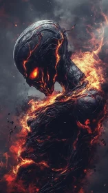 Molten fire spirit gazes ahead with blazing, molten calm