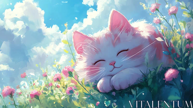 White Feline Resting in Pink Floral Garden Setting