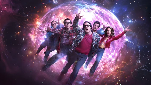 Friends hurtle through a glowing cosmic portal in wild wonder