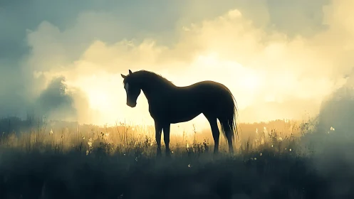 Silhouette of a lone horse in misty sunrise grassland.
