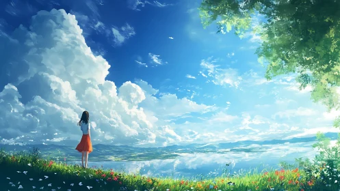 Girl in orange skirt meets cathedral clouds above quiet lake.