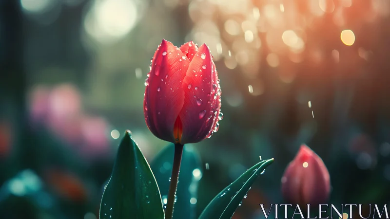 Crimson Tulip with Dewdrops in Soft-Focus Garden Setting
