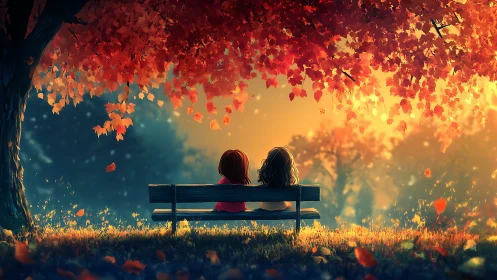 Two Figures on Bench Under Chromatic Canopy with Volumetric Illumination