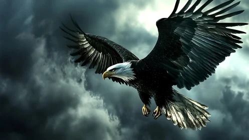 Majestic Bald Eagle Soaring Amid Dramatic Stormy Skies Digital Art.