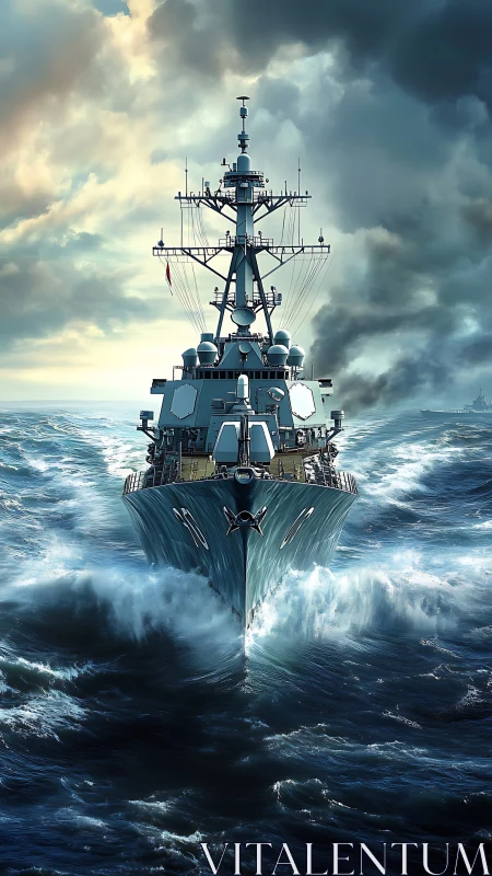 Destroyer-class warship advances through turbulent seascape
