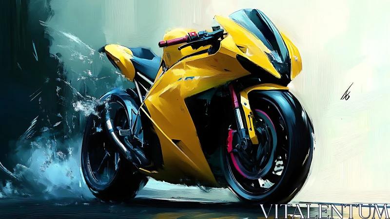 Solar yellow superbike shreds wet asphalt in painterly fury.