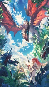 Red dragon sky clash over armored warrior in forest arena.