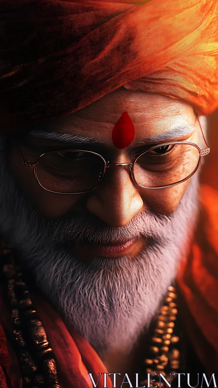 Elderly bearded man in turban is rendered in close-up