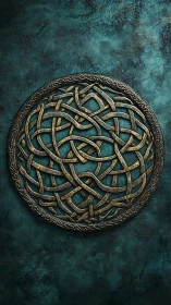 Intricate circular Celtic knotwork medallion on teal patina wall
