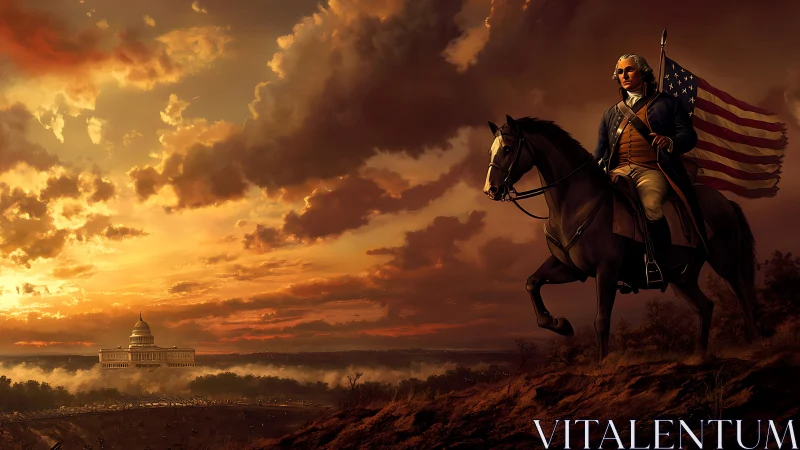 Historical rider holds flag overlooking domed government building