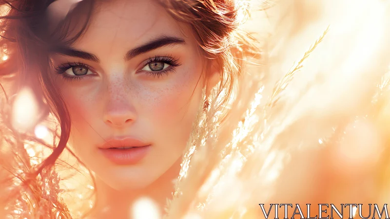 Sunlit portrait with golden bokeh and freckled detail.